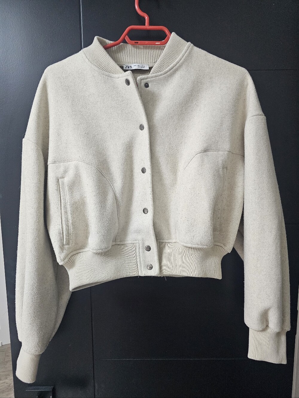 Zara Cream Cropped Bomber Jacket with Snap Front